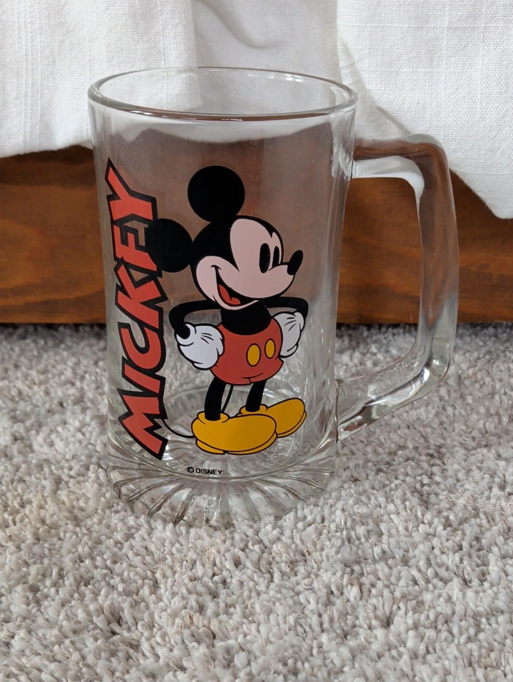 Disney Clear Glass Mickey Mouse Mug with Red, Yellow, Black Artwork